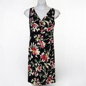 Lauren Ralph Lauren Floral Faux Wrap Midi Dress V Neck Ruched Stretch Size 12
